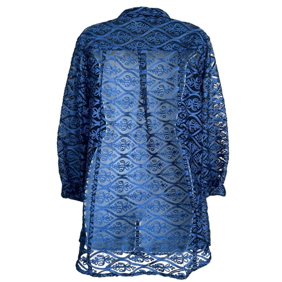 WEAVZ Embroidered Sheer Button-Up Jacket Women's M Blue Long Sleeve Cocktail - Picture 2 of 4